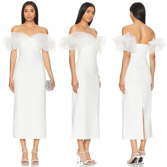 Line & Dot | Starlet Midi Sheath Dress Organza Off Shoulder Sleeves in Ivory S - Picture 3 of 16